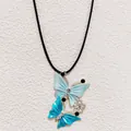 Detail of blue double butterfly pendant with rhinestones on a black cord necklace - Blue Style (C24-113 M-F2-6)