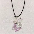 Detail of pearlescent butterfly pendants with crystal accents on a black cord necklace - Purple Style (C24-113R M-F2-6)