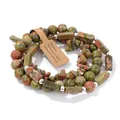 Dreiteiliges Unakite Edelstein Perlenarmband Set mit Rechtecken und Etikett auf weißem Grund - Unakit Stil (FK2049) / 19cm