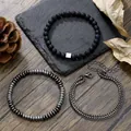 Men's fashion black lava rock and hematite stone beaded multi-layer bracelet set - 3 Pcs Set Lava Stone Abacus Beads Woven Chain