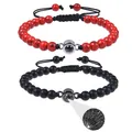Detail showing 100 languages I Love You projection stone on stone bead bracelets - Red Turquoise + Matte Stone