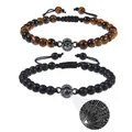 Close-up of projection stone showing 100 languages I Love You on beaded bracelets - Tiger Eye + Matte Stone