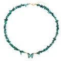 Green stone chip butterfly necklace with gold accents and adjustable lobster clasp - Green