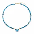 Blue natural stone fragment necklace with gold metal butterfly charm and extension chain - Dark Blue