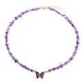 Purple natural amethyst stone bead necklace with a butterfly pendant and gold clasp - Purple