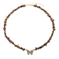 Handmade tiger eye stone chip necklace featuring a golden butterfly pendant for women - Tan
