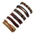 Detail of 6-piece multilayer handmade braided leather bracelets with wooden beads - Vintage Dark Brown Braided Series (HM-70265(A))