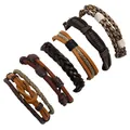 Detail of six-piece men's vintage leather bracelets showing braided textures and rope weaves - Black and White Ethnic Mixed Color Series (HM-70265(B))
