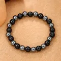 Pulsera minimalista de cuentas redondas pulidas en obsidiana negra y hematita gris - Estilo Frío Obsidiana Hematita (ZJ14018)