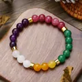Bracciale multicolore con ametista e occhio di tigre su un blocco di legno - Stile Perline Tonde Miste Multicolore Con Distanziatori Cilindrici Dorati (ZJ12909)