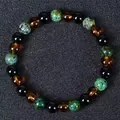 8mm Tigerauge und grünes Kristall Reichtumsarmband mit Citrinperlen für Damen und Herren - Grün gefleckter Stein Bernstein Obsidian Dreifarben-Stil (2)