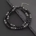Zweilagige Herren-Perlenkette mit schwarzen Lavasteinen und Tigerauge-Steinen Akzenten - Schwarz Matt Vulkanstein (Schwarze Zierelemente)