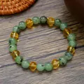 Bracciale di perline fatto a mano con giada verde e citrino giallo su legno rustico - Stile Misto Perline Tonde Colore Ambra Prehnite (ZJ13683)