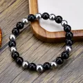 Bracciale elastico con perline di ossidiana nera lucida e metallo argento per uomo e donna - Stile Semplice Perline Alternate Nero Argento (ZJ13489)