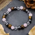 Bracciale di perle occhio di tigre e quarzo su sfondo di ardesia naturale per coppie - Stile Ematite Quarzo Ialino Quarzo Rosa (ZJ13495)
