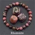 Natural rhodonite stone beaded bracelet with pink and black manganese mineral texture - Rhodonite