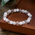 Bracciale di perle con occhio di gatto bianco latte e quarzo crackle su legno - Stile Semplice Bianco Pietra di Luna Con Perline Effetto Ghiaccio (ZJ13686)