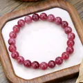 Bracciale di perle di gemme rosa scuro traslucido con trame di pietra naturale e lucido - Stile Quarzo Fragola Quarzo Rutilato Rosso (ZJ13496)