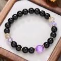 Bracciale fatto a mano in ossidiana nera con dettagli dorati e pietra occhio di gatto viola - Stile Retro Perla Sfaccettata Ossidiana (ZJ13843)
