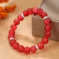 Pulsera elástica hecha a mano con cuentas de cristal craquelado rojo y aros de plata - Estilo Cristal Craquelado Rojo (ZJ14011)