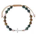 Bracelet bohème en pierres naturelles avec pendentif croix argentée et cordon réglable - Style de Croix en Pierre Tachetée Verte (Bracelet Croix-2)