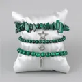 Three-piece green crystal beaded bracelet set with star and moon charms on silver pillow - Malachite (FK1386-19CM)