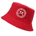 Chapeau bob en coton rouge avec motif visage triste blanc et texte imprimé circulaire - Rouge