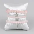 Three-piece pink natural crystal beaded bracelet set with star moon and wing charms - Rose Pink (FK1389-19CM)