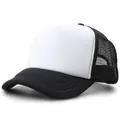Black and white trucker hat with mesh back and adjustable snapback for customization - Black
