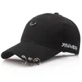 Black cotton baseball cap with silver metal rings and side embroidery in streetwear style - L(58-60cm) / Black