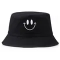 Klassieke zwarte katoenen vissershoed met wit geborduurd smileygezicht en brede rand - Eén maat / Zwart