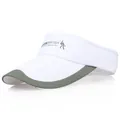 White athletic visor hat with gray trim and side logo detail on white background - White