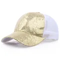 Funkelnde goldene Pailletten-Trucker-Cap mit weißem Mesh-Netz und Pferdeschwanz-Öffnung - Gold Weiß
