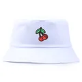White cotton bucket hat with cherry embroidery and minimalist design on plain background - One Size (56-58cm) / White