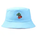 Light blue cotton bucket hat featuring detailed cherry embroidery and quilted brim details - One Size (56-58cm) / Sky Blue