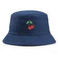 Elegante cappello bucket blu marino in cotone con ricamo ciliegia e design piatto - Taglia unica / Blu navy