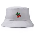 Light gray cotton bucket hat featuring detailed red cherry embroidery on the front - One Size (56-58cm) / Gray
