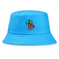 Royal blue bucket hat with cherry embroidery and minimalist flat top cotton canvas design - One Size (56-58cm) / Lake Blue