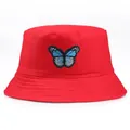 Roter Fischerhut aus Baumwoll-Canvas mit blauer Schmetterlingsstickerei für Damen - M(56-58cm) / Rot