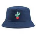 Dunkelblauer Fischerhut mit grünem Kaktus-Stickmotiv und rotem Blumentopf - Marineblau