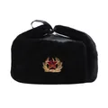 Winter ushanka earflap hat in black faux fur with a vintage red star badge emblem - One Size Adult (55-60cm) / Black PU Leather Hat