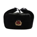 Classic black Ushanka fur hat with Soviet red star emblem for winter warmth - One Size Adult (55-60cm) / Army Green Cloth