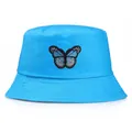 Himmelblauer Fischerhut mit Schmetterlings-Stickerei, Baumwoll-Sonnenhut für Damen - M(56-58cm) / Blau