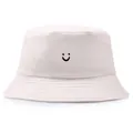 Klassischer beiger Fischerhut aus Baumwolle mit besticktem Smiley-Gesicht auf Weiß - Einheitsgröße (56-58cm) / Beige