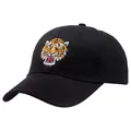 Schwarze Baseballkappe aus Baumwolle mit Tigerkopf-Stickerei und gebogenem Schirm-Design - Bunte Tigerkopf Stickerei