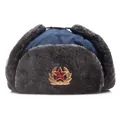 Deep blue Soviet style ushanka hat with grey faux fur and hammer and sickle badge - Adult One Size (55-60cm) / Navy Blue