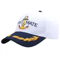 White nautical captain hat with blue brim and First Mate embroidery for outdoor travel - Adult One Size (58cm Adjustable) / First Mate Style / White