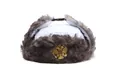Weiße Uschanka Mütze mit braunem Kunstpelz und goldenem russischem Doppeladler-Emblem - Einheitsgröße / Weiß