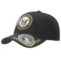 Black cotton baseball cap featuring gold United States Navy eagle embroidery - One Size / Black US NAVY We Own The Seas