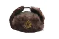 Klassische grüne russische Uschanka-Mütze mit braunem Kunstpelz und goldenem Adler-Abzeichen - Einheitsgröße / Armeegrün
